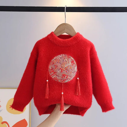 Red Chinese Dragon Sweater for Girls Traditional Tassel Design Fluffy Flocking Knitted Clothes New Warm Little Girl Tops GY12161