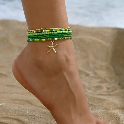 Multilayer Bohemia Rice Bead Anklet Set for Women Fashion Starfish Pendant Anklets Summer Sandy Beach Ankle Chain on Leg Jewelry