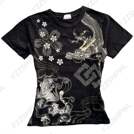Gothic Harajuku Y2K Women's Crop Top Casual Slim Fit Striped Lace Bow Button Design Short Sleeve T-Shirt Chic Trendy Streetwear