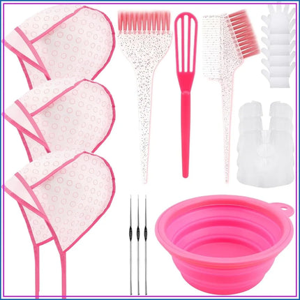 19PCS Hair Bleach Highlighting Kit with Dye Brush and Bowl, Frosting Cap, Gloves, Cape for Home Salon Use (Pink)