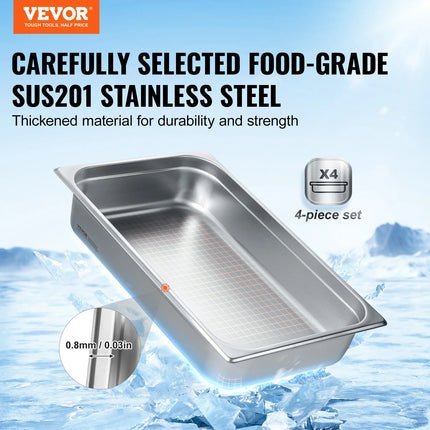 SucceBuy 4Pack Hotel Pans Full Size Anti-Jam Steam Pan with Lid Stainless Steel Steam Table Pan 4-Inch Deep Commercial Table Pan