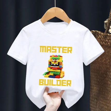 Master Builder Blocks Building Print Cartoon Kids T shirt Girls Summer Tops Baby Boys Clothes Children Short Sleeve T-shirts