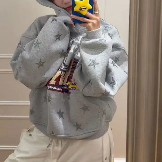 Fashionable Vintage Star Printed Hoodies Female Clothing American Letter Loose Autumn Hooded Casual Pockets Spliced Sweatshirts