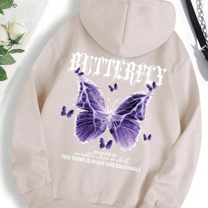Beautiful Purple Butterfly Printing Hoodies Women Fleece Pocket Hoody Simple Casual Hoodie Autumn Loose Female Streetwear