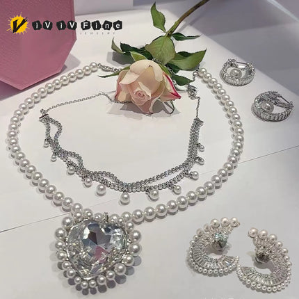 Original Heart Necklace 2025 Women's High Jewelry Set Luxury Pearl Necklace Earrings Ring Bracelet Suitable for Wedding Gifts