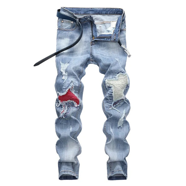 New Men's Personalized Ripped Jeans Light Blue Streetwear Stretch Straight Slim Fit Casual Motorcycle Denim Trousers Male