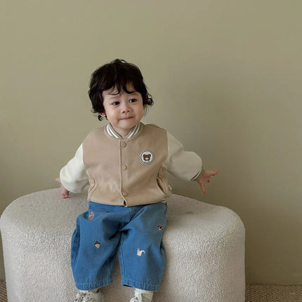 2026 Fall New Toddler Kids Pants Cotton Cartoon Embroidered Harem Pants Baby Boy Casual Striped Denim Baggy Trousers