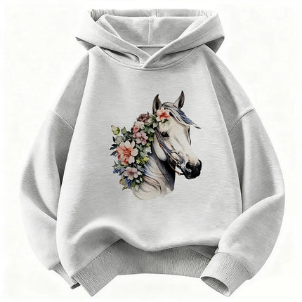 Fashion Horse with Flower Design Hoodie Kids Kawaii Children's Sweatshirt Hoody for Boys Girls Casual Hoodies Hip Hop Clothes