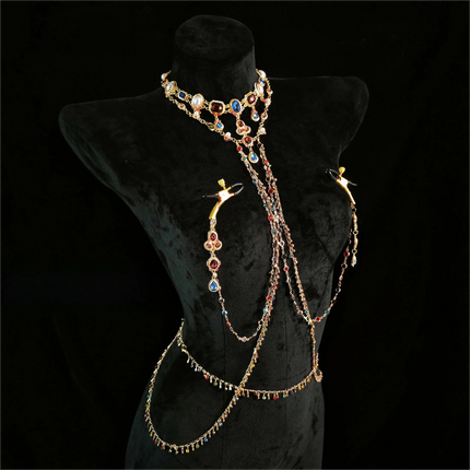 Rhinestone Body Chain Set with Nipple Clamps Back Chain and Waist Chain Luxury Multicolor Crystal Body Jewelry for Night Club