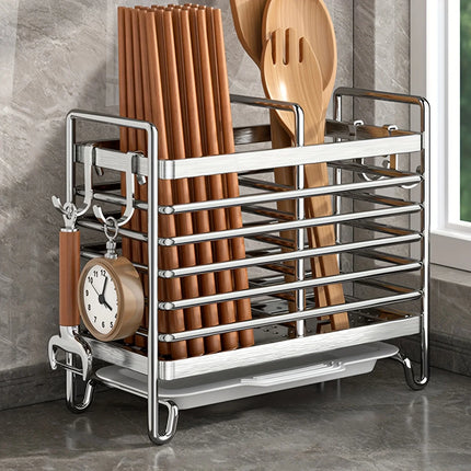 1pc Chopstick Holder,Kitchen Punch-free Wall-mounted Cutlery Storage Box,2/3 Grids with Drain Tray And 4 Hooks, Knife Fork Spoon
