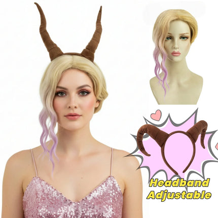 REEWES-Gazelle Goat Costume Wig,Brown Headband Accessories, Short Blonde Purple Wavy Synthetic Wigs,  Anime Cosplay, Drama Party