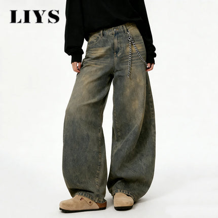 LIYS American Retro Baggy Wide Leg Jeans Men's Streetwear Distressed Y2K Clothing Casual Daily Four Seasons Denim Pants Unisex