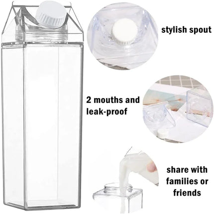 2pcs Milk Carton Water Bottle Transparent Plastic Square Milk Orange Juice Tea Container Box Sport Cup for Sports Travel Camping