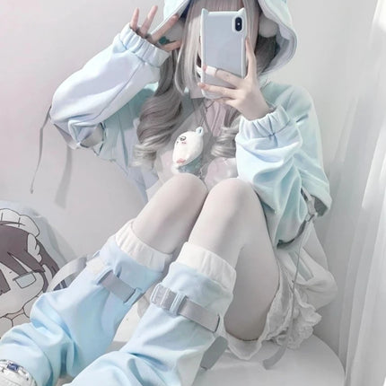 Y2k Subculture Long Sleeve Hoodie Women Casual Sweet Cat Ears Sweatshirt Patchwork Solid Kawaii Zipper Punk Style 2025 Autumn