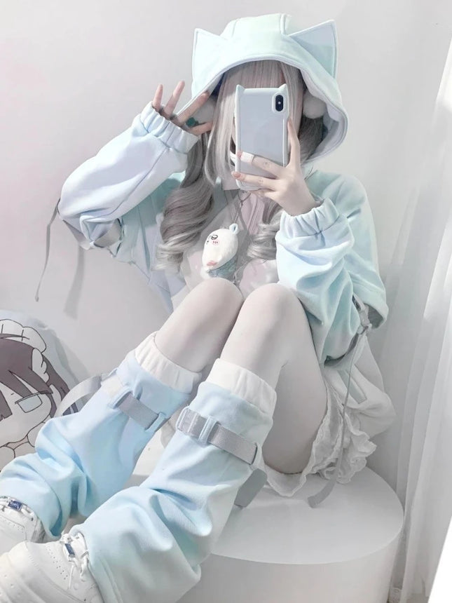 Y2k Subculture Long Sleeve Hoodie Women Casual Sweet Cat Ears Sweatshirt Patchwork Solid Kawaii Zipper Punk Style 2025 Autumn