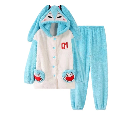 Hatsune Miku Cartoon Animation Peripherals Cute Coral Velvet Long-Sleeved Hooded Pajamas Winter Thickened Warm Home and Outing Set