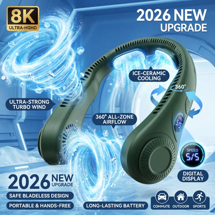 2026 New Upgrade 2026 Portable Neck Fan 4000mah Rechargeable USB Leafless Air Conditioner Bladeless Fans Hanging Neck Cooler For