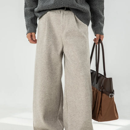Heavyweight Textured Wool Casual Trousers Men Draping Loose Straight-Leg Suit Trousers Versatile Long-Length Pants