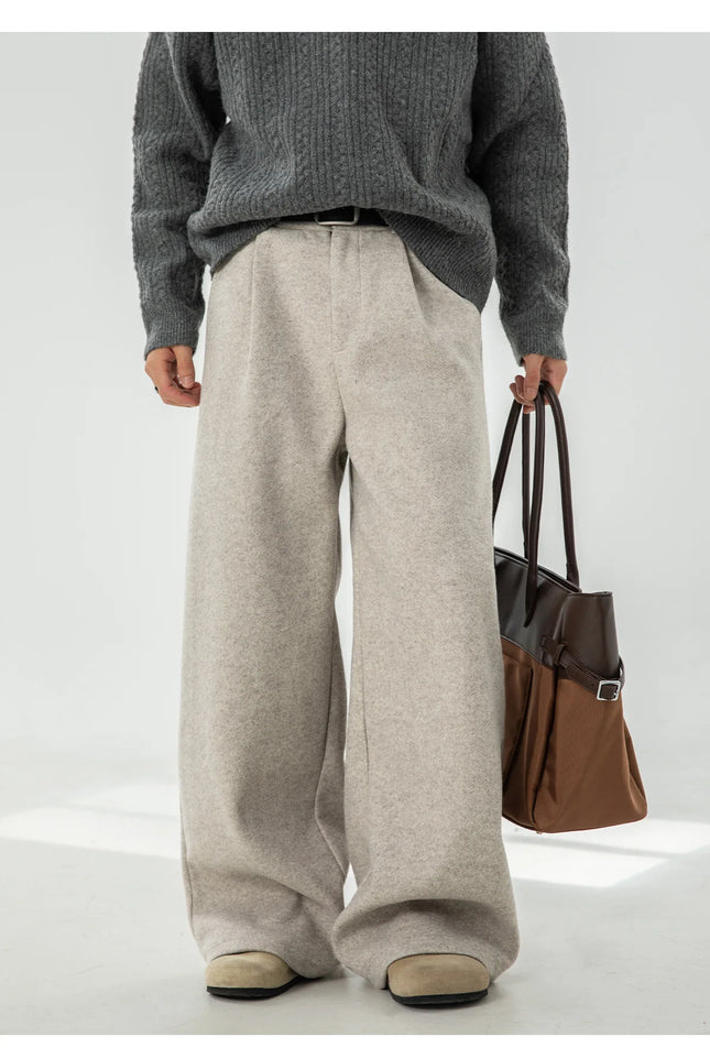 Heavyweight Textured Wool Casual Trousers Men Draping Loose Straight-Leg Suit Trousers Versatile Long-Length Pants