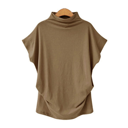 Women's New Trendy Fashion Solid Color Soft Turtleneck Top High-End Basic Daily Commute Thin Short-Sleeve Pleated Clothing