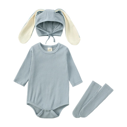 2026 Newborn Baby Rabbit Romper Clothes 3 Pcs Solid Ear Hat Bodysuit Socks Casual Bunny Costume 0-24M Boy Girl Outfits