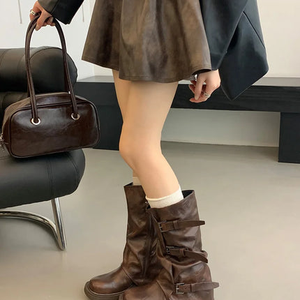 Autumn Winter Vintage Woman Knight Knee High Boots Shoes Ladies Elegant Thick Low Heel Belt Buckle Western Cowboy Botas