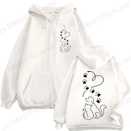 Dog and Cat Love Heart Graphic Fashion Zip Up Hoodies Women Autumn Long Sleeve Harajuku Y2K Clothes Female Sweatshirt Jackets