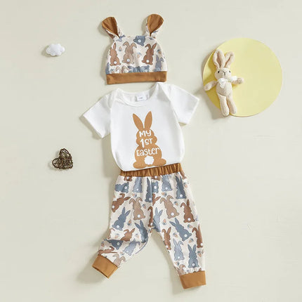 0-18months Baby Girl Boy Easter Outfit Bunny Print Short Sleeve Romper Long Pants Hat with Rabbit Ears 3 Pcs Set