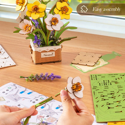 Rolife Artificial Flower Wooden 3D Puzzle Narcissus DIY Flower Bouquet Model Building Kit for Home Decor Mother's Day Valentine's Day Gifts
