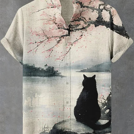 Men's Frog Abstract Print Short Sleeve Linen Shirt Stand up Collar Casual Breathable Top Fashionable Summer Cardigan