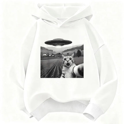Funny Casual Ufo Cat Children's Sweatshirt Cute Harajuku Hoody for Boys Girls Autumn Spring Casual Hoodies