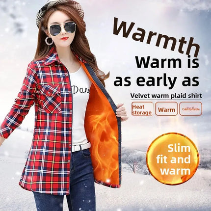 Thickened Fleece Women's Long Sleeve Shirt Warm Slim Fit Midi Length Plaid Korean Style Fashionable Women's Button-up Top