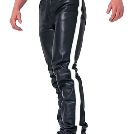 New Men's Black PU Leather Side Color-blocking Punk Style Street Casual Pants Motorcycle Leather Trousers Four Season Pants Male