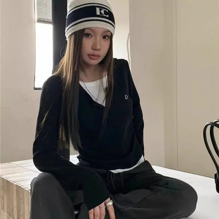 2024 Autumn Winter Long Sleeves Korean Fashion Style O-neck T-shirt for Women Fake Two-Piece T-shirts Ladies Top Tee Clothes