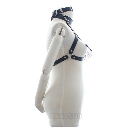 Thierry PU Leather Bondage Restraints O Ring Gag with Nipple Clamps,open bra with Collar Fetish Adult Games Sex Toys for Couples