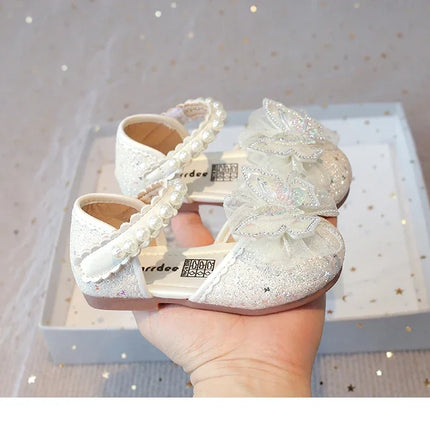 Chic Girls Dress Shoes for Wedding Party Bling Sequins with Rhinestone Butterfly Sweet Princess Chic Kids Flat Shoes Lace Beaded