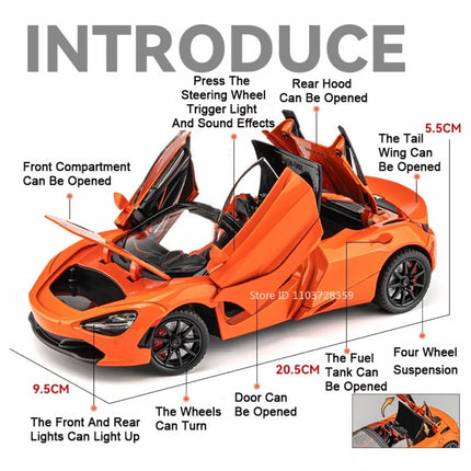 1:24 Scale Eldorado 720S Model Toy Sports Cars Alloy Diecast Sound Light Doors Opened Pull Back Ornament Vehicle for Boys Gifts