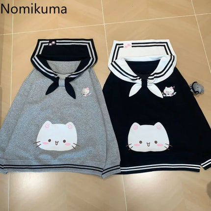 2025 Women's Clothing Japanese Sweatshirts Cute Cat Sailor Collar Loose Hoodies Cotton Thicked Fashion Casual Hoodie Ropa Mujer