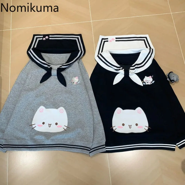 2025 Women's Clothing Japanese Sweatshirts Cute Cat Sailor Collar Loose Hoodies Cotton Thicked Fashion Casual Hoodie Ropa Mujer