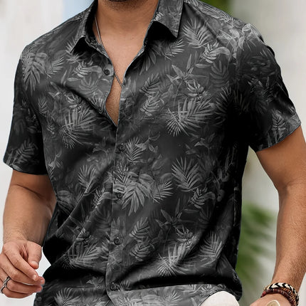 Men's Tropical Palm Leaf Print Short Sleeve Button-Up Shirt Casual Summer Style, Machine Washable, Beach Attire Casual Shirt