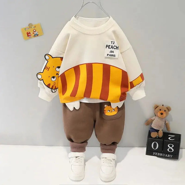 0-5-year-old cartoon two-piece set of long-sleeved spring new boys and girls casual sports suits top+pants mother kids