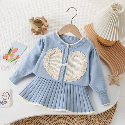 Children's Clothing Sets Love Knit Sweater + Pleated Skirt Baby Girl Winter Clothes Toddler Girl Cardigan Sweater Korean Style