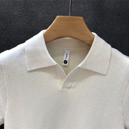 Men's Polo Neck Short Sleeve Knitted Sweater Slim Fit Summer Fashion Turn-down Collar Base Shirt Casual Style Pure Color