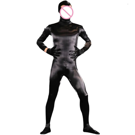 Men Body-Shaping Clothing Shark-Skin PU Shapewear Jumpsuit Faux Leather All-In-One Bodysuit Fully Covered Cosplay Zentai Leotard