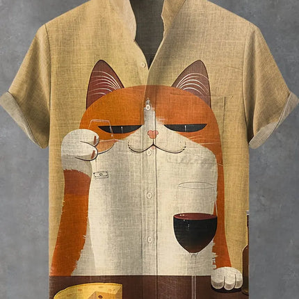 Men's summer fashion linen short sleeved shirt with cartoon cute cat print pattern casual men's top