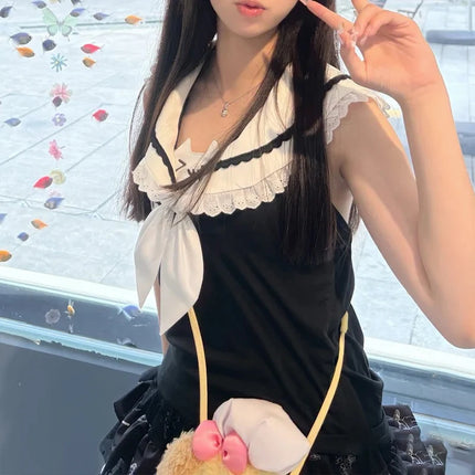 Y2k women clothing stitch arcane Cute Vest Subulture Lace clothes Cartoon Short Sleeve T-shirt Summer Kawaii Sweet Girls Tanks
