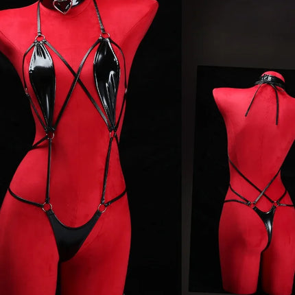 Women Patent Leather Harness Lingerie with Heart Choker Open Back Crotch less Erotic Bodysuit Intimate Club wear for Night Party