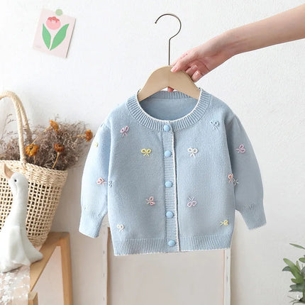 Girls Sweet Cute Embroidery Butterfly Long Sleeve Soft Warm Knitting Cardigan Kids Children Sweaters Three Colors