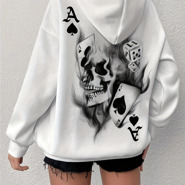 Women's autumn and winter fashionable casual loose geometric skull pattern with plush warm long sleeved hooded sweatshirt