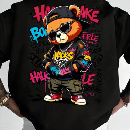European and American men's summer teddy bear graffiti print comfortable and breathable round neck T-shirt outdoor street top